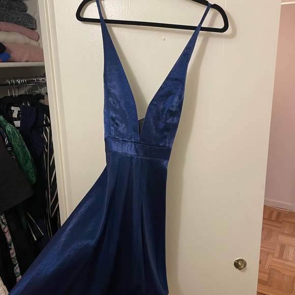 Lulus Blue Silky Crossback Deep V Dress, Size M - Picture 2 of 4